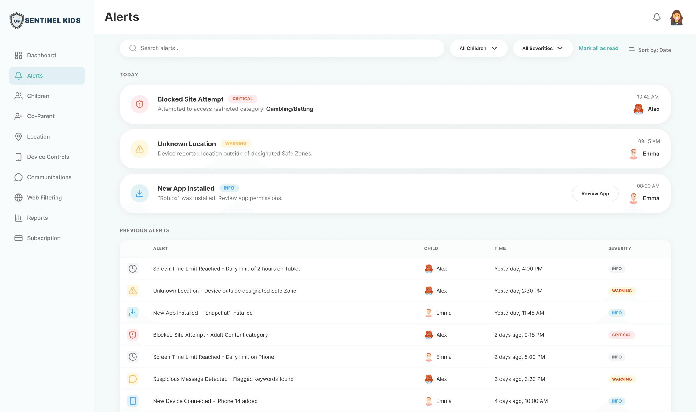 Sentinel Kids Alert Dashboard